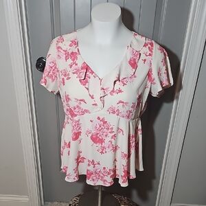Torrid Floral Ruffle Blouse - Pink and White